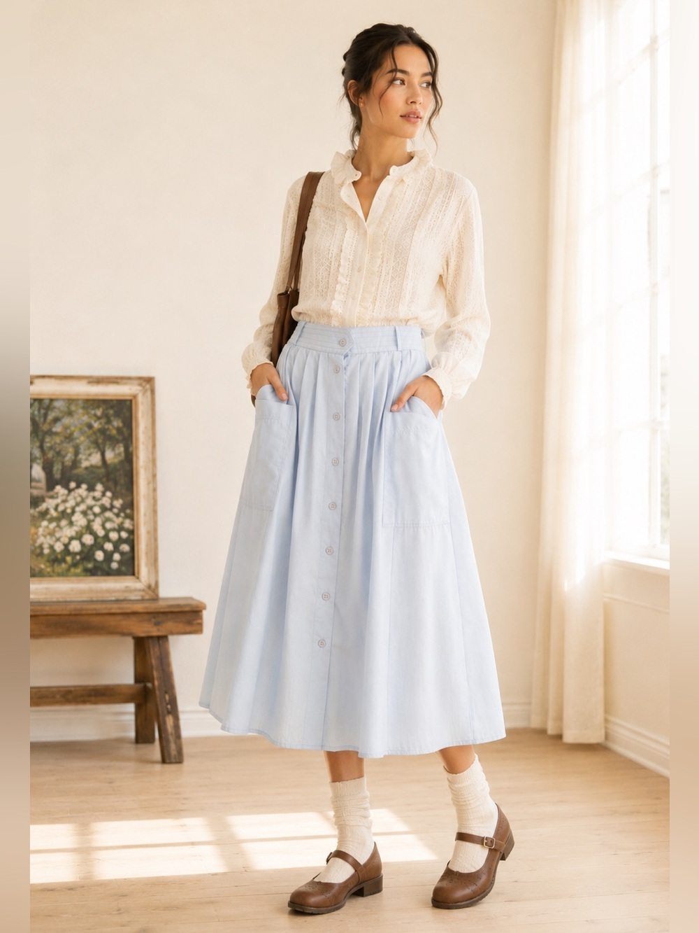 Vintage Cottagecore Midi Skirt Pearly Pinstripe Pocket Button Front Sz M